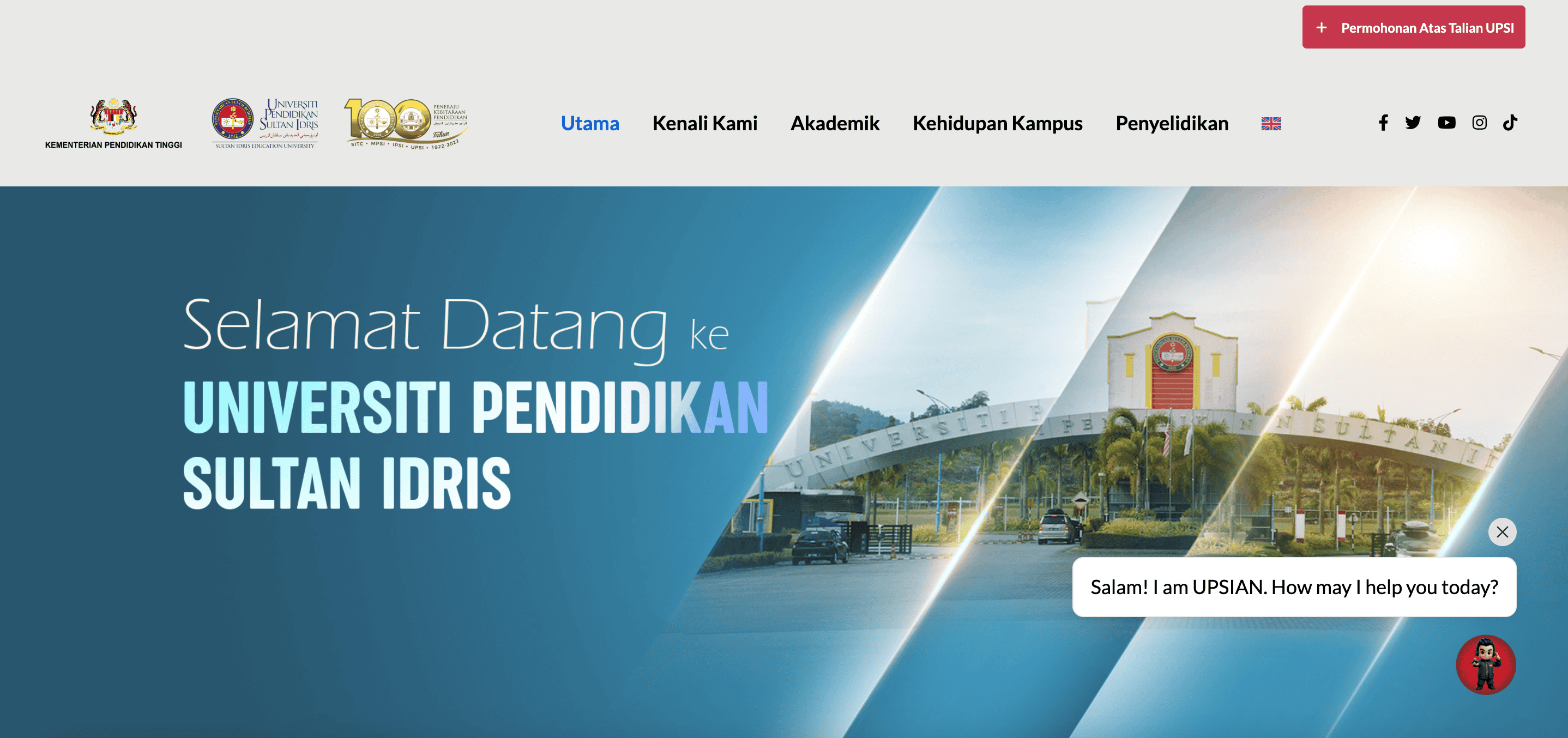 Paparan utama laman web rasmi UPSI yang baharu